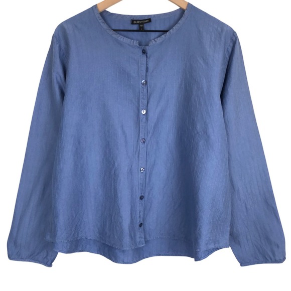 Eileen Fisher Tops - Eileen Fisher Silk Textured Stripe Button Front Top Sz L Blue L/S Minimalist